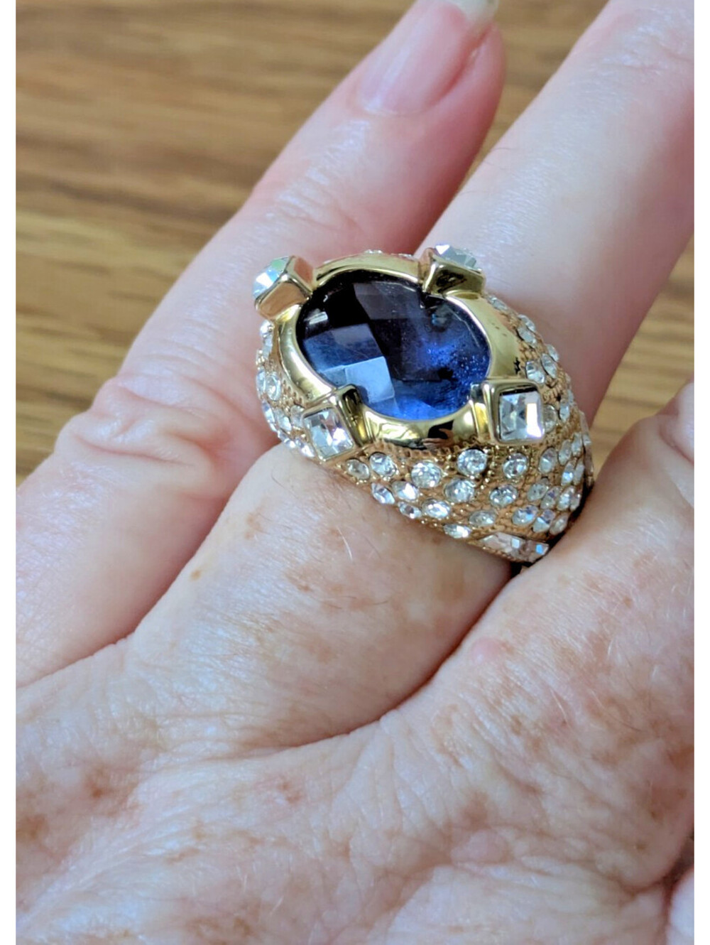 Vintage PJM Goldtone Ring Faux Emerald And Cubic Zirconia Size 8.75 Cocktail
